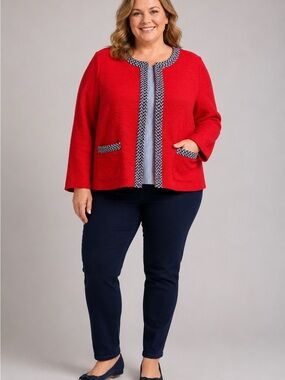Talbots Red Bouclé Open-Front Jacket with Navy Trim